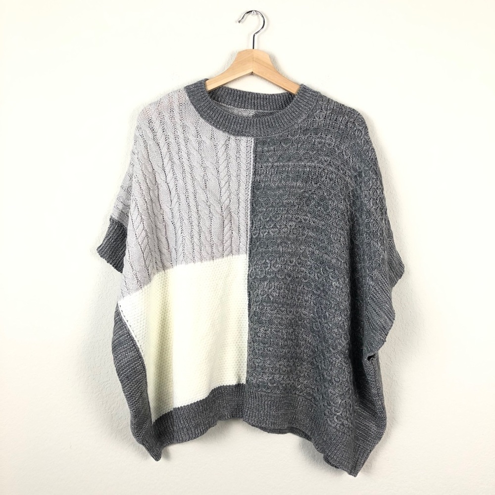 Gray & Cream Cableknit Poncho Sweater